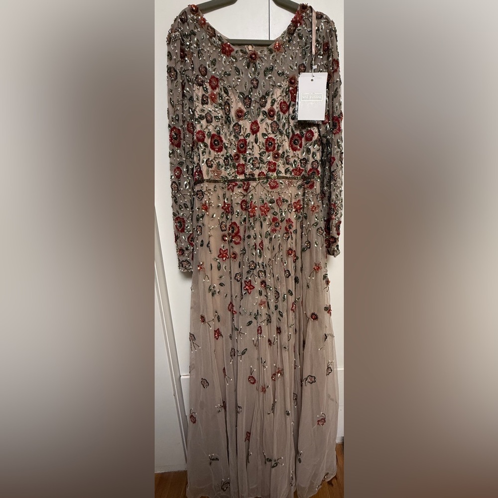NWT | Mac Duggal Cream Maxi Dress with Long Sleeves & Floral Embroidery Size 16 - Picture 5 of 15